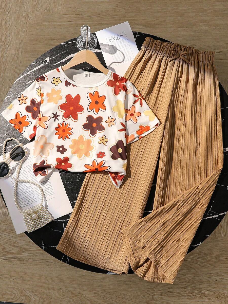 Girls Vacation Casual Floral Print Loose T-Shirt + Woven Textured Loose Pants Set - Khaki - View 1
