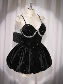 SHEIN ICON Robe moulante en velours à fleurs avec strass pour femmes grandes tailles - Noir - Voir 1