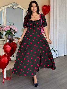 Vionelle 加大码情人节红色爱心图案方领系带袖褶皱A字侧开衩女式连衣裙 - 黑色 - 查看 6