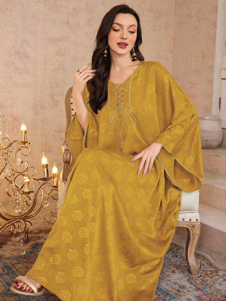 Al Najma Vestido feminino tradicional árabe com estampa floral, decote em V, manga morcego, modelagem solta, ideal para férias e viagens. - Amarelo - Ver 1