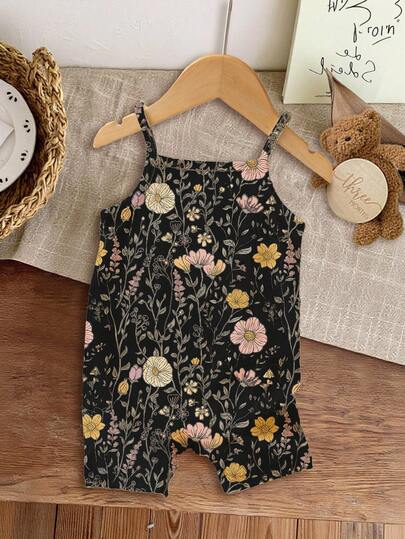 Cute Boho Ditsy Floral Romper For Baby Girls, Casual Autumn Outfits, Easy Comfort, Autumn Layers For Baby Girl, Stylish Baby Girl, Casual Wear, Baby Girl Graphic Clothes, Back To School, Fall Clothes, Homecoming, Suitable For Home And Layering