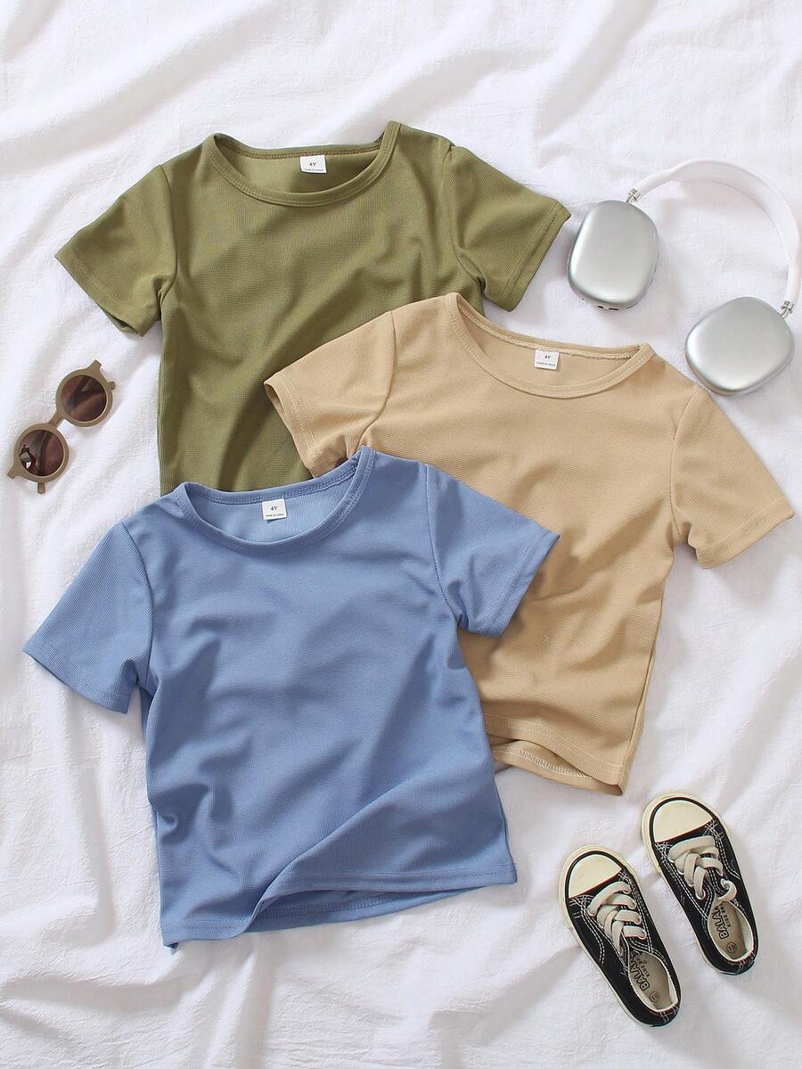 3件装男童纯色短袖圆领T恤,柔和的蓝色、橄榄绿和浅棕色调,适合日常穿着、公园、户外活动和返校季。 - 彩色 - 查看 1