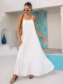 Vivid Eden 女士宽松休闲度假连衣裙，荷叶边下摆，露背设计，纹理面料，春夏款 - 白色 - 查看 8