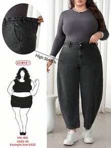 SHEIN CURVE+ 大码高腰弹力腰带休闲百搭牛仔裤，黑色，适合冬季、春季、圣诞节、新年、感恩节、通勤、度假、毕业典礼等各种场合，时尚百搭，Y2K风格，可爱街头风，适合派对、婚礼、优雅商务休闲等各种场合，舒适大码高弹黑色牛仔弹力腰阔腿牛仔裤，适合日常穿着，曲线友好型牛仔裤，黑色锥形牛仔裤，5XL码女式牛仔裤，曲线妈妈牛仔裤 - 黑色 - 查看 1