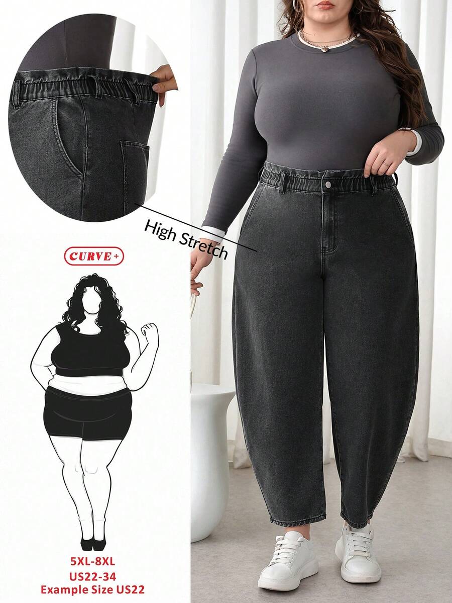 SHEIN CURVE+ 大码高腰弹力腰带休闲百搭牛仔裤，黑色，适合冬季、春季、圣诞节、新年、感恩节、通勤、度假、毕业典礼等各种场合，时尚百搭，Y2K风格，可爱街头风，适合派对、婚礼、优雅商务休闲等各种场合，舒适大码高弹黑色牛仔弹力腰阔腿牛仔裤，适合日常穿着，曲线友好型牛仔裤，黑色锥形牛仔裤，5XL码女式牛仔裤，曲线妈妈牛仔裤 - 黑色 - 查看 1