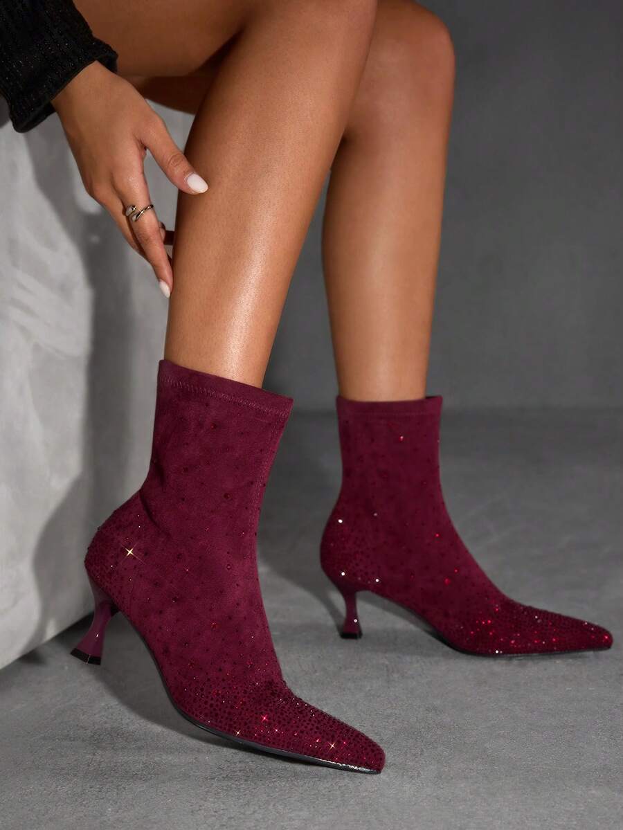 CUCCOO SZL Fashionable & Elegant Rhinestone Embellished High Heel Ankle Boots, Suitable For Commuting Valentine's Day - Burgundy - View 1