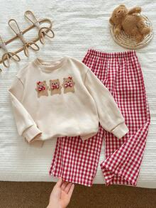 LMoss Kids Bộ đồ 2 món LMoss dành cho bé gái, gồm áo nỉ dệt kim in hình gấu và quần kẻ caro, thích hợp cho Giáng sinh, mùa thu đông ấm áp, áo chui đầu, trang phục cho chị em gái. - Nhiều màu - Xem 4