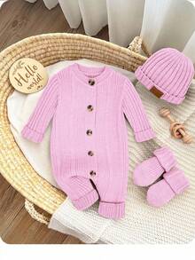 SHEIN 新生女婴可爱针织连体衣、连脚裤和帽子套装，百搭秋冬 - 粉色 - 查看 5