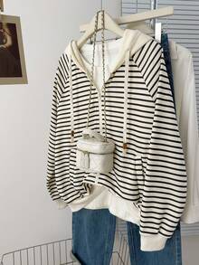 INAWLY Casual Striped Drawstring Sweatshirt, Autumn - Apricot - View 8