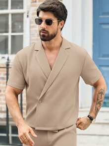 Manfinity VCAY 2件套男士休闲宽松落肩斜门襟短袖衬衫套装 - 米色 - 查看 5