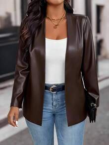 EMERY ROSE Plus Size Women Casual Minimalist Front Open PU Leather Blazer Jacket, Autumn - Brown - View 1