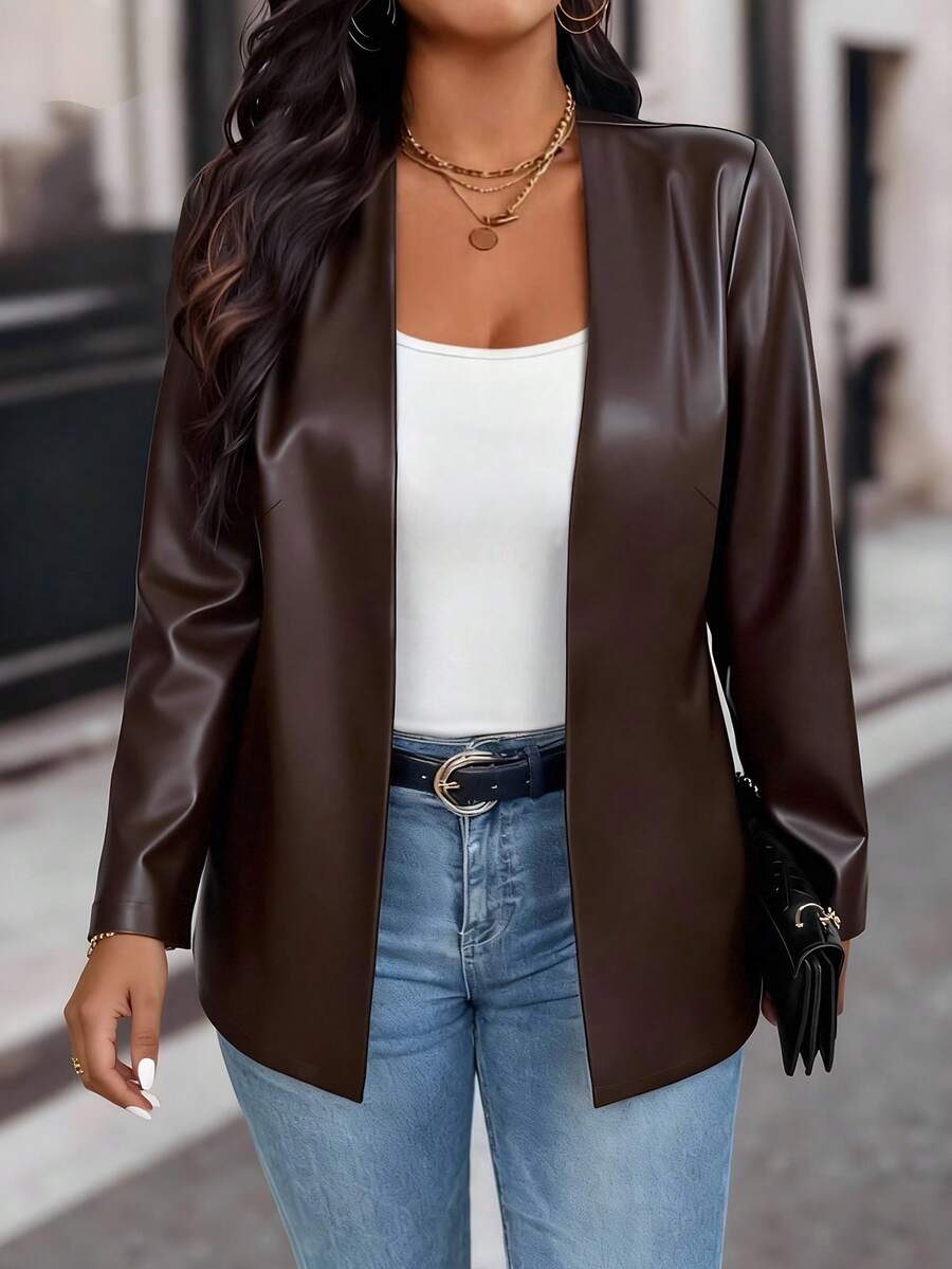 EMERY ROSE Plus Size Women Casual Minimalist Front Open PU Leather Blazer Jacket, Autumn - Brown - View 1