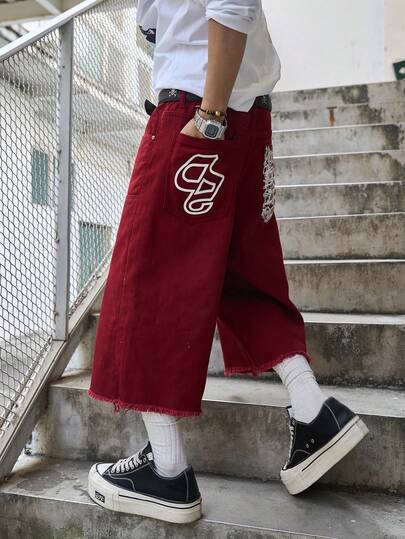 Manfinity EMRG Men's Fashion Frayed Hem 3/4 Denim Shorts Red Jean Shorts Men