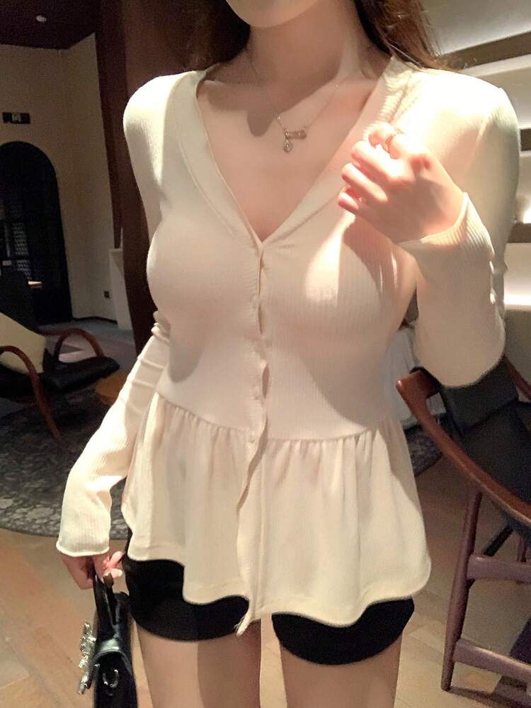 Women's V-Neck Casual Long Sleeve Ruffle Hem Long Sleeve T-Shirt