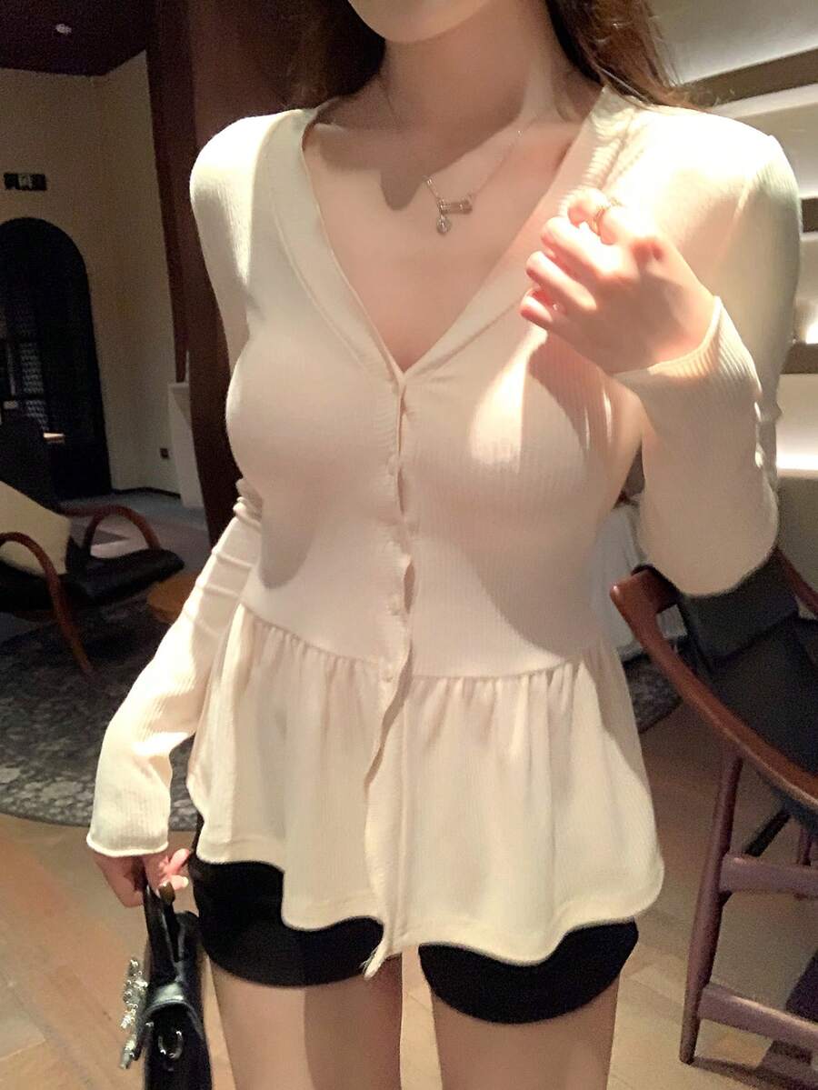 DAZY Tricou damă cu mânecă lungă, casual, cu decolteu în V și tiv cu volane - Caisă - Vizualizare 1