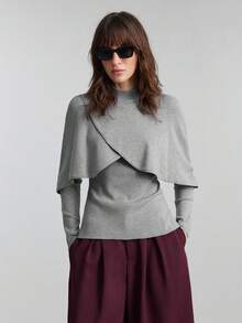 Ontre Women's Grey Sweater,Elegant Autumn Office Shoulder Wrap Design,Long Sleeve Fitted Silhouette,Ruffle Hem Viscose Top,Urban Chic Minimalist Fashion - Grey - View 6
