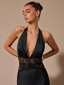 SHEIN BAE 黑色性感深V领蕾丝镂空拼接鱼尾缎面连衣裙，适合鸡尾酒会、浪漫约会、聚会、正式活动、伴娘礼服、晚礼服、圣诞节、新年、情人节、下午茶会、黑色连衣裙、小黑裙 - 黑色 - 查看 3