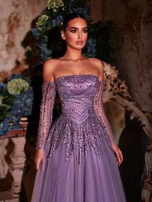 Glamrae 优雅奢华仿珍珠亮片露肩透视长袖镂空贴花超大A字网纱连衣裙，腰部系带可调节，适合约会、婚礼、正式场合、情人节等场合。 - 淺灰紫 - 查看 3