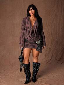 Rustia Deep Draped Neck Leopard Print Mesh Bodycon Mini Dress With Flared Sleeves, Sexy Party Wear For Women, Early Autumn - Red Violet - View 6