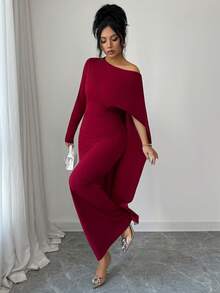 Elenzga 新款春夏不对称肩部优雅修身长连衣裙，纯色 - 酒紅色 - 查看 5