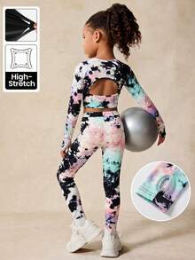2件套女童彩色扎染印花针织运动服套装，休闲日常时尚紧身衣和舞蹈服 - 彩色 - 查看 12