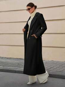 EURMUSE Lapel Collar Double-Breasted Belt Extra Long Overcoat - Black - View 8