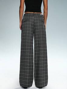 SHEIN Tall 1 Quần âu kẻ caro xám chất lượng cao cổ điển, quần ống đứng đơn giản, cạp trễ, rộng rãi - Màu xám đen - Xem 2