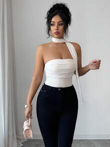 Elenzga Elegant Women's Bodysuit With Ribbed Mesh Patchwork, Ruched Bust, And Ribbon Neck Tie, Casual Vacation Wear For Early Spring/Summer, Stylish Apricot Top