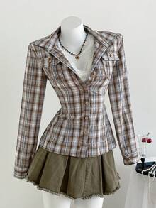 Elamini Áo sơ mi nữ tay dài, cổ bẻ, cài cúc phía trước, màu hồng kẻ caro, chất liệu cotton, dáng ôm, có túi ngực, kiểu dáng cổ điển thanh lịch, thích hợp cho công sở, học sinh, mặc thường ngày, mùa thu/đông. - màu nâu - Xem 3