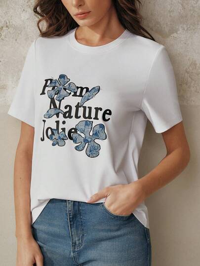  Anewsta Women's Casual Round Neck T-Shirt, Spring/Summer Short Sleeve Top, Letter Print, Plaid & Floral Applique Romantic T-Shirt