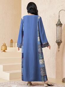 SHEIN Teen Girls' Blue Vacation Casual V-Neck Long Sleeve Dress, Loose Arabic Style V-Neck Dress, Girls' Spring Autumn Dress, Everyday Wear, Arabic Jalabiya Dress Teen Modest Dress Long Modest Dresses - Blue - View 2