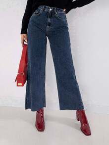 SHEIN PETITE 100%Cotton Raw Hem Wide Leg Jeans Petite - Dark Wash - View 4