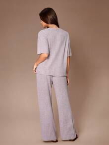 Lazeform Conjunto de chaqueta y pantalón de felpa suave acanalada con botones para estar en casa - Rosa - Ver 4