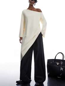 LYSMO 2026 新款极简主义春夏女装纯色不对称肩部不对称下摆时尚百搭度假长袖T恤 夏季/情人节/生日/外出上衣/女士外出上衣/优雅女式衬衫/女士休闲衬衫/度假/Y2K - 杏色 - 查看 6