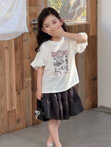 DAZY 女童圆领英文字母印花荷叶边下摆短袖T恤，夏季 - 白色 - 查看 4