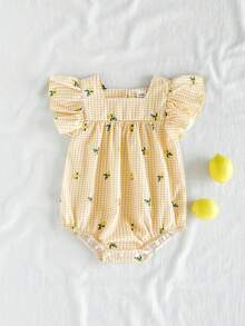 Vintaside Kids 1件女婴清新绿色格子荷叶袖连体衣。面料柔软舒适，俏皮可爱，公主风休闲款式，适合春夏户外、旅行、日常穿着。 - 黃色 - 查看 4