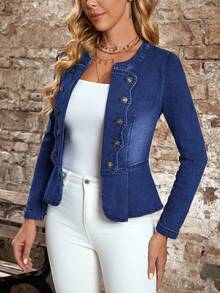 EMERY ROSE Chaqueta vaquera de manga larga con dobladillo de volantes de doble botonadura, versátil y de moda para vacaciones y viajes - Azul - Ver 4