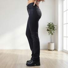 Pantalón de piel sintética talla grande para mujer estilo moderno sencillo con tela cuero tiro alto ajustado recto sin estampado largo otoño invierno uso diario oficina fiesta - Negro - Ver 2