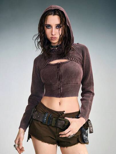 Grunge Punk Vintage gewaschenes Strick-Camisole und kapuzige Strick-Shawl-Strickjacke