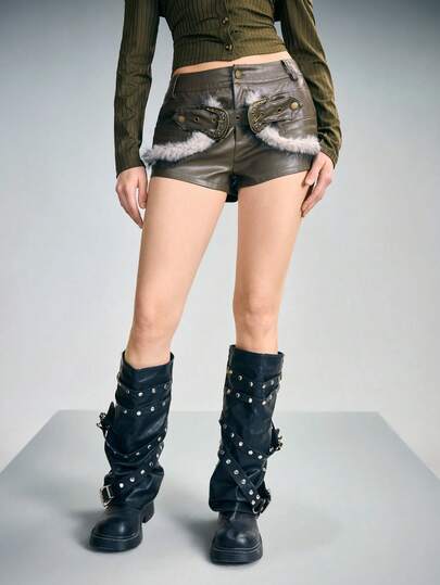 Grunge Punk Pantaloncini in pelle PU a vita bassa con patchwork in pelliccia sexy in stile Y2K, verde militare