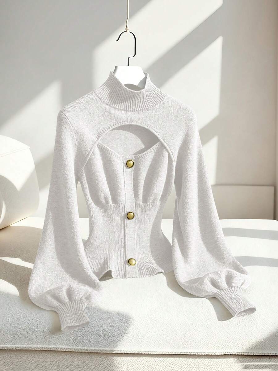 GlowEve Women's Fitted Knit Sweater, Elegant & Versatile, Autumn/Winter - White - View 1