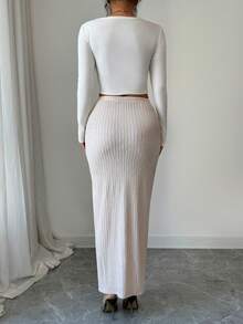 SHEIN Elenzya Women's Elegant Elastic Textured Fabric Metal Buckle Decor High Slit Skirt, Spring/Autumn - Apricot - View 2