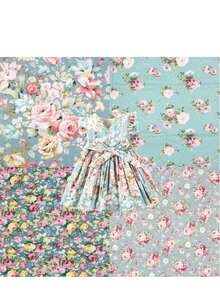 8片绿色花卉植物图案布料，适用于DIY缝纫、连衣裙、拼贴画、手工缝纫和拼布。 - 藍色 - 查看 5