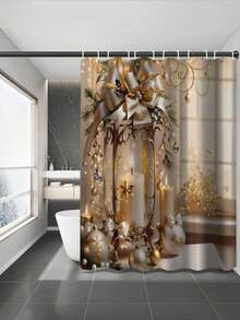 1/4 件套圣诞金色蜡烛印花浴帘套装，浴室套装，含 12 个挂钩、浴垫、马桶座套和 U 型垫 - 适用于步入式淋浴间的季节性装饰、家居装饰、圣诞装饰、节日装饰、浴室浴帘套装、圣诞礼物 - 彩色 - 查看 5