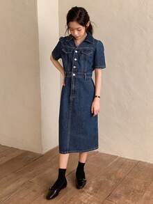 DAZY 少女泡泡袖牛仔连衣裙，春夏款 - 藍色 - 查看 4