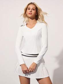 CourtClass Women's Striped Collar Long Sleeve T-Shirt And Pleated Tennis Skirt Set