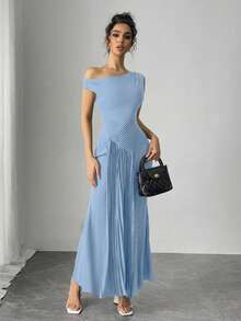 Modelyn Women's Solid Color Asymmetric Shoulder Pleated Fishtail Hem Elegant Dress ,Summer Dress,Spring Dresses For Women - Baby Blue - View 4
