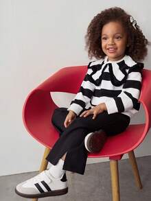 Maija Kids 女童条纹彼得潘领卫衣和裤子休闲套装 - 黑與白 - 查看 5