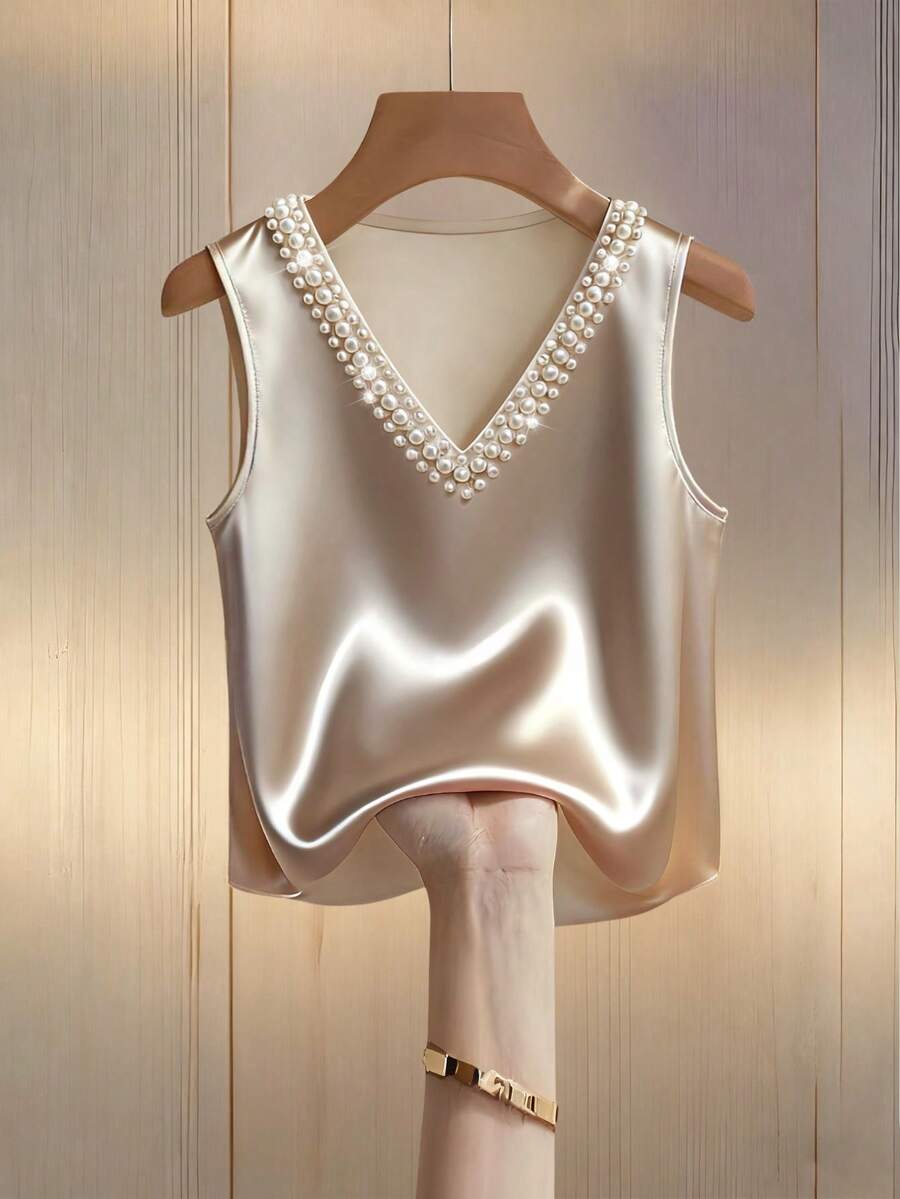 Franclia Elegant V-Neck Beaded Sleeveless Women Tank Top Pearl Top Satin Top Satin Tops For Women Women Tops Elegant Dress Top - Apricot - View 1