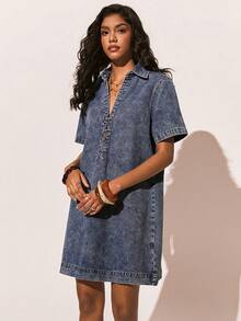 Poéselle Women's Denim Dress, Casual Washed Denim Short-Sleeved Dress, Loose Over-The-Knee Dress, Pullover Half-Front Dress, Blue Dress, Casual Vacation Summer Outfit, Spring Break Outfit, Women's Vacation Outfit, Vacation Dress, Women's Casual Dress. - Medium Wash - View 3